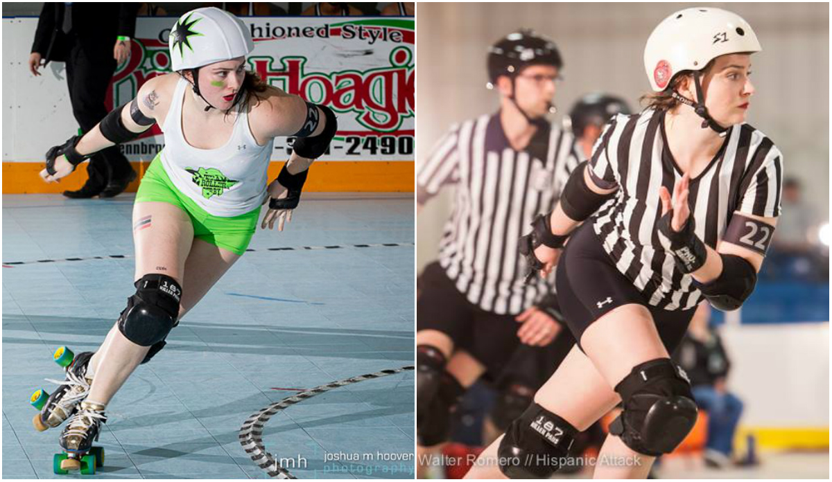 A roller derby jammer and the same person is the roller derby referee